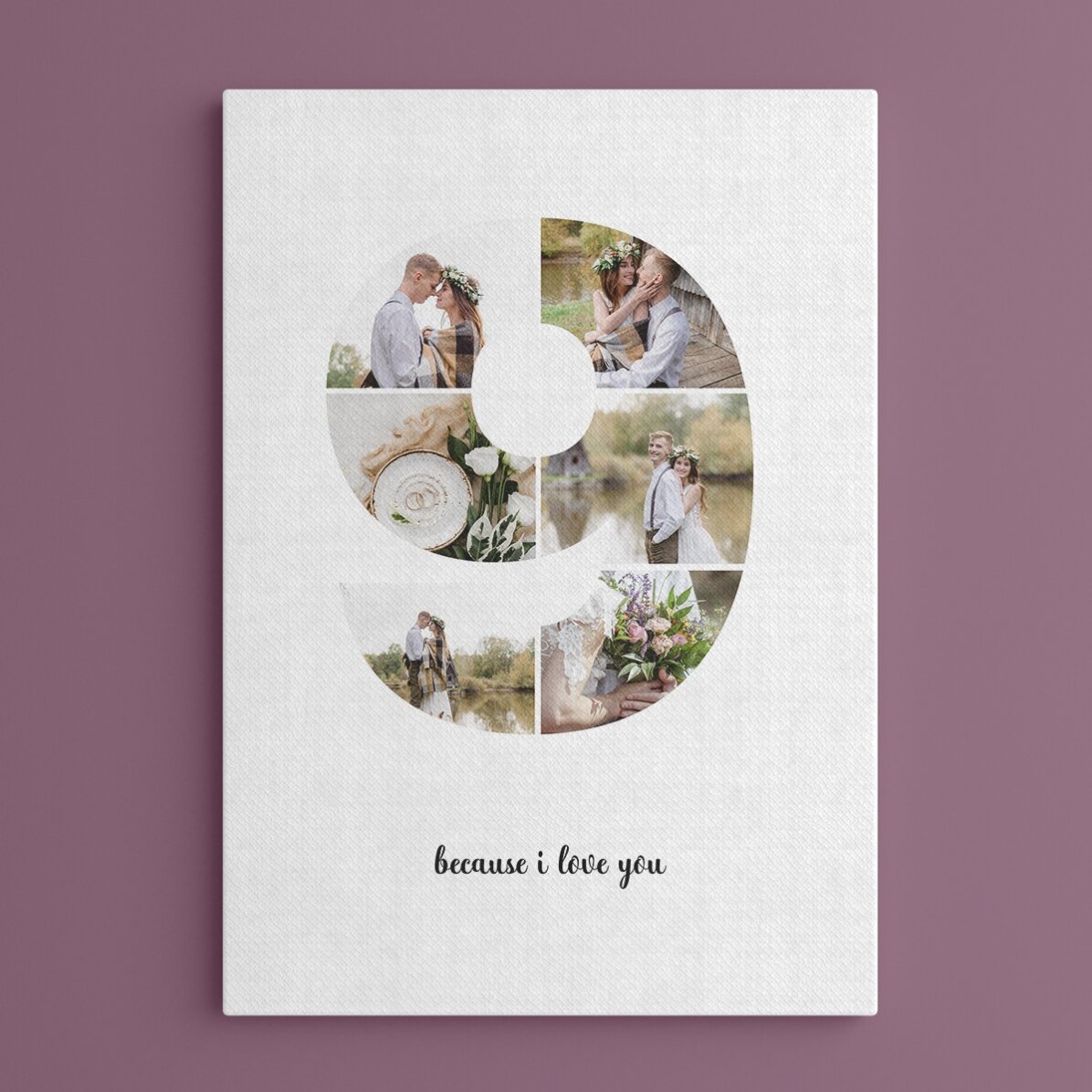 Personalised canvas with 6 photos, model number 9, and text message