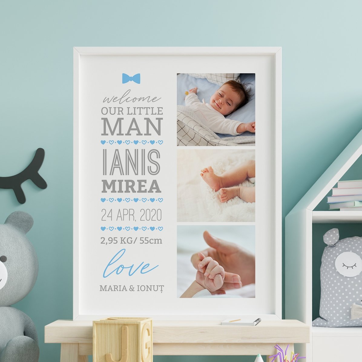 Cuadro personalizado con texto y 3 fotos - Hello, baby (Niño)