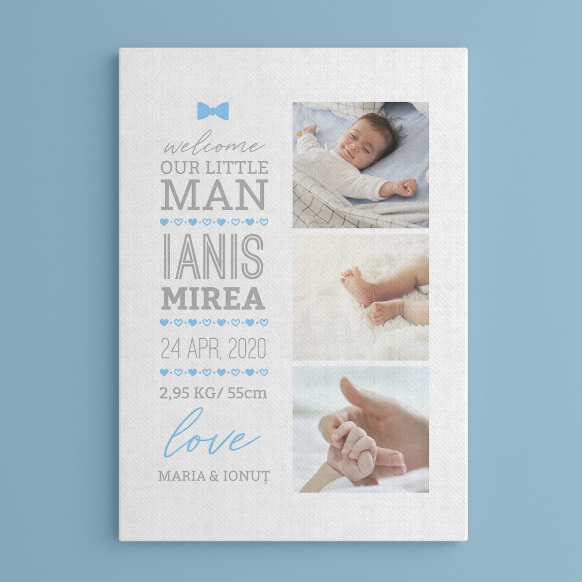 Cuadro personalizado con texto y 3 fotos - Hello, baby (Niño)