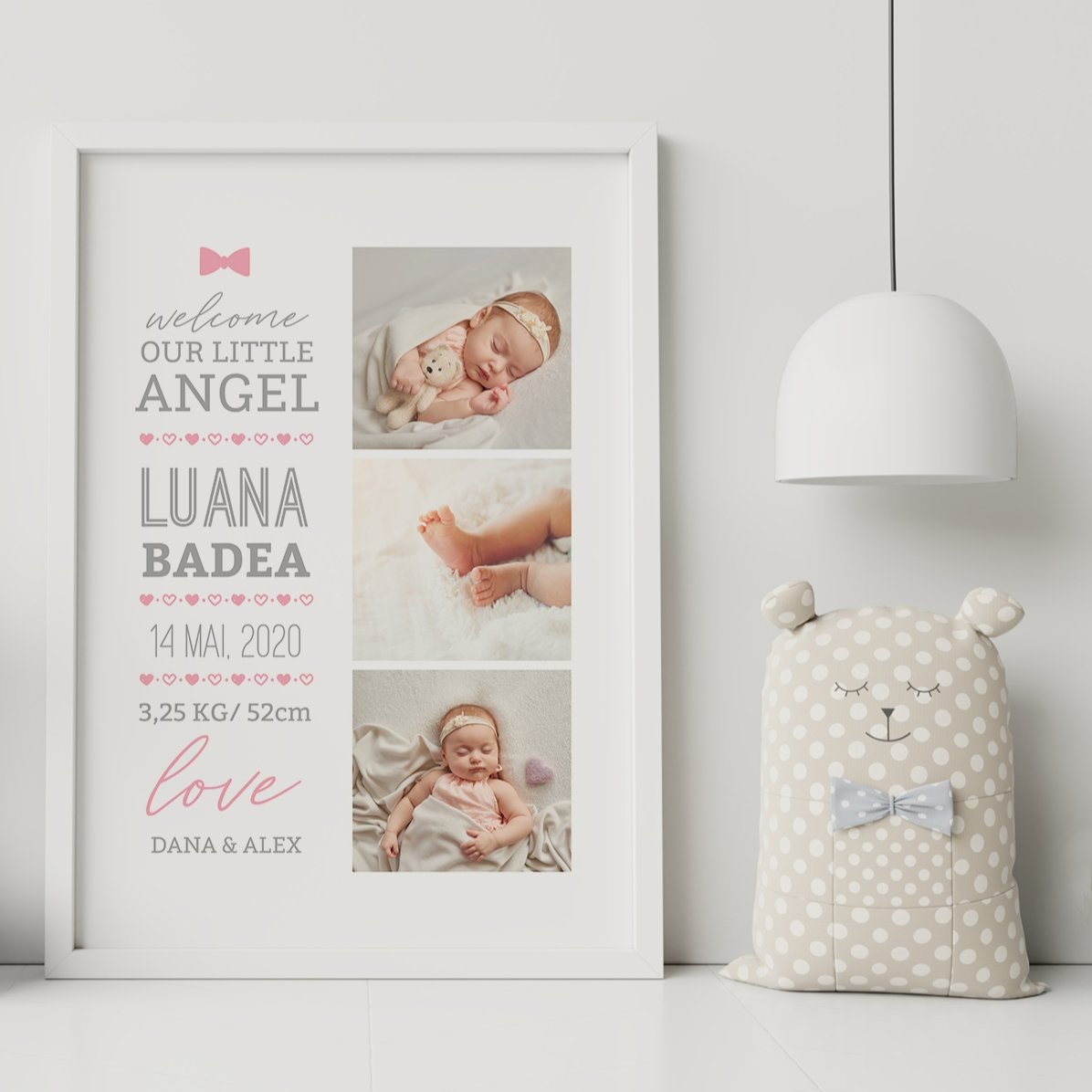Cuadro personalizado con texto y 3 fotos - Hello, baby (Niña)