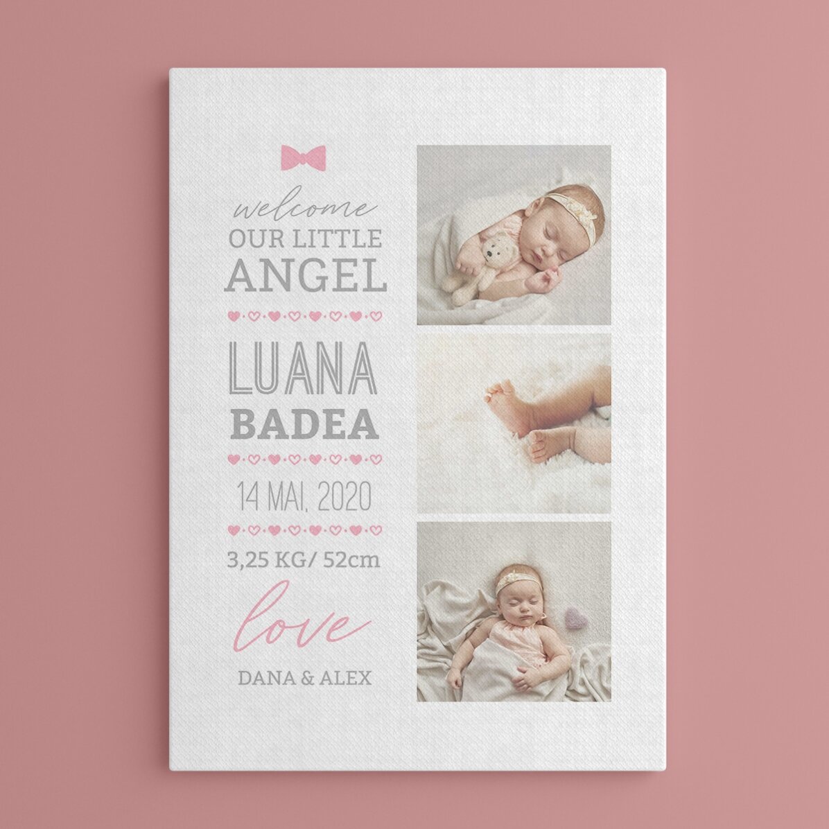 Cuadro personalizado con texto y 3 fotos - Hello, baby (Niña)