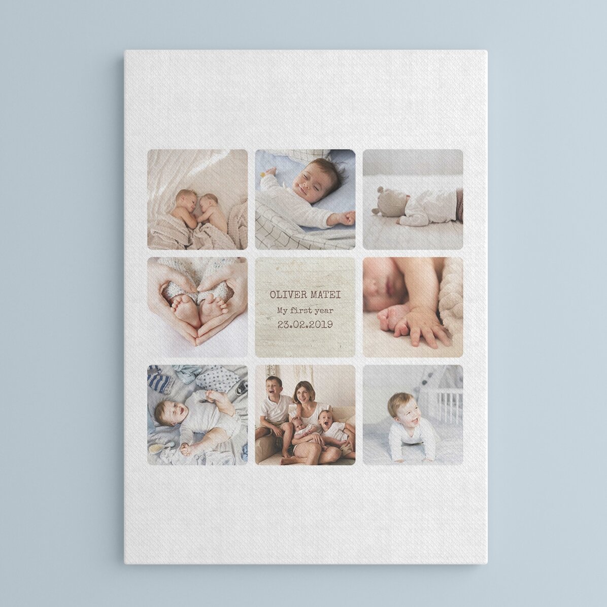 Cuadro personalizado con texto y 8 fotos - El primer año del bebé