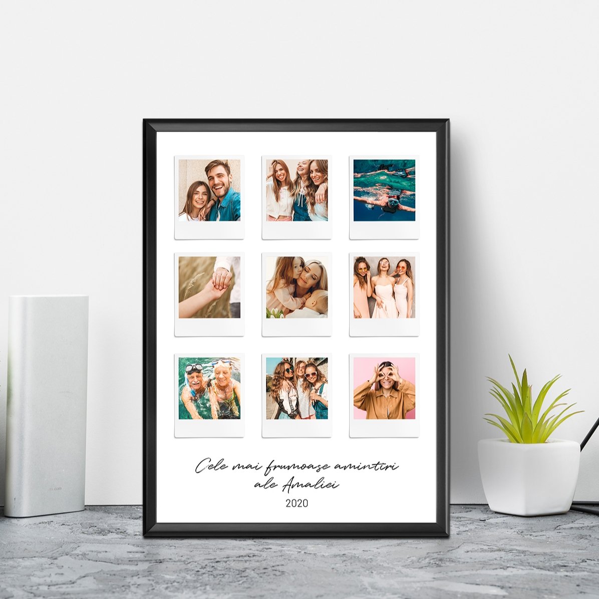 Cuadro personalizado con texto y 9 fotos estilo Polaroid: los momentos más bonitos