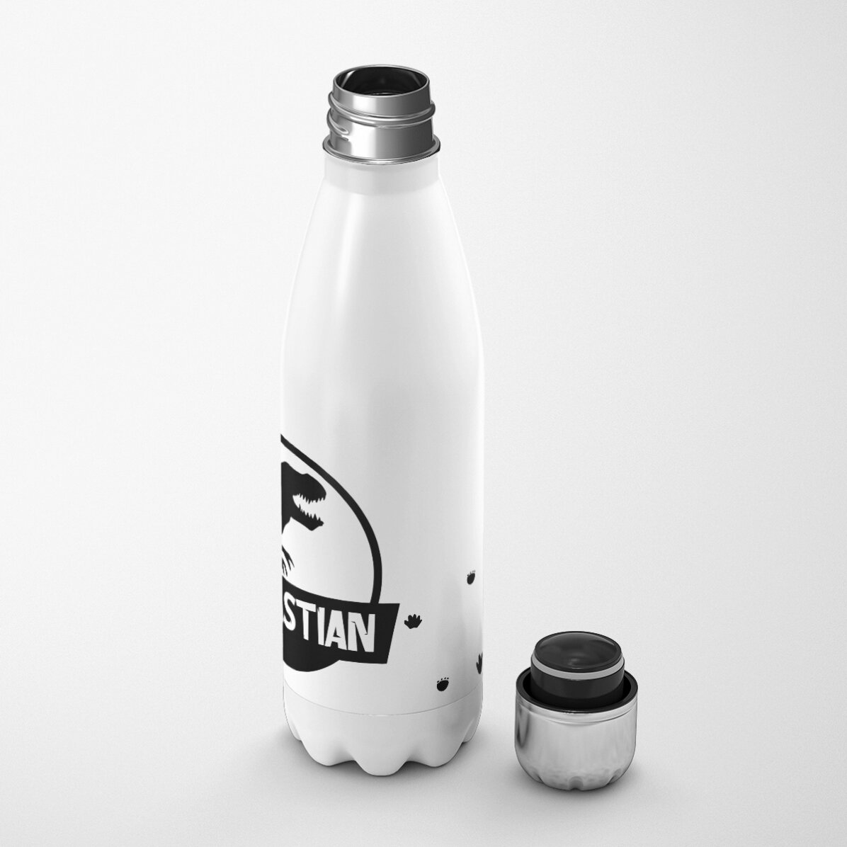 Termo con base blanca personalizado con nombre - Dinosaurio T-Rex negro