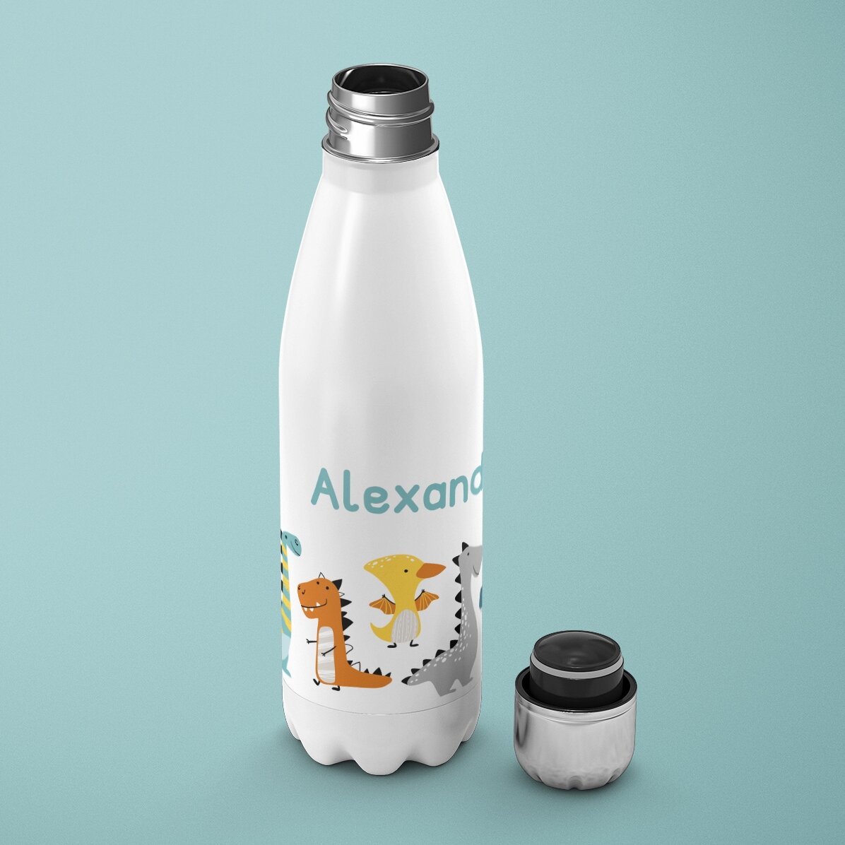 Termo con base blanca personalizado con nombre - Dinosaurios