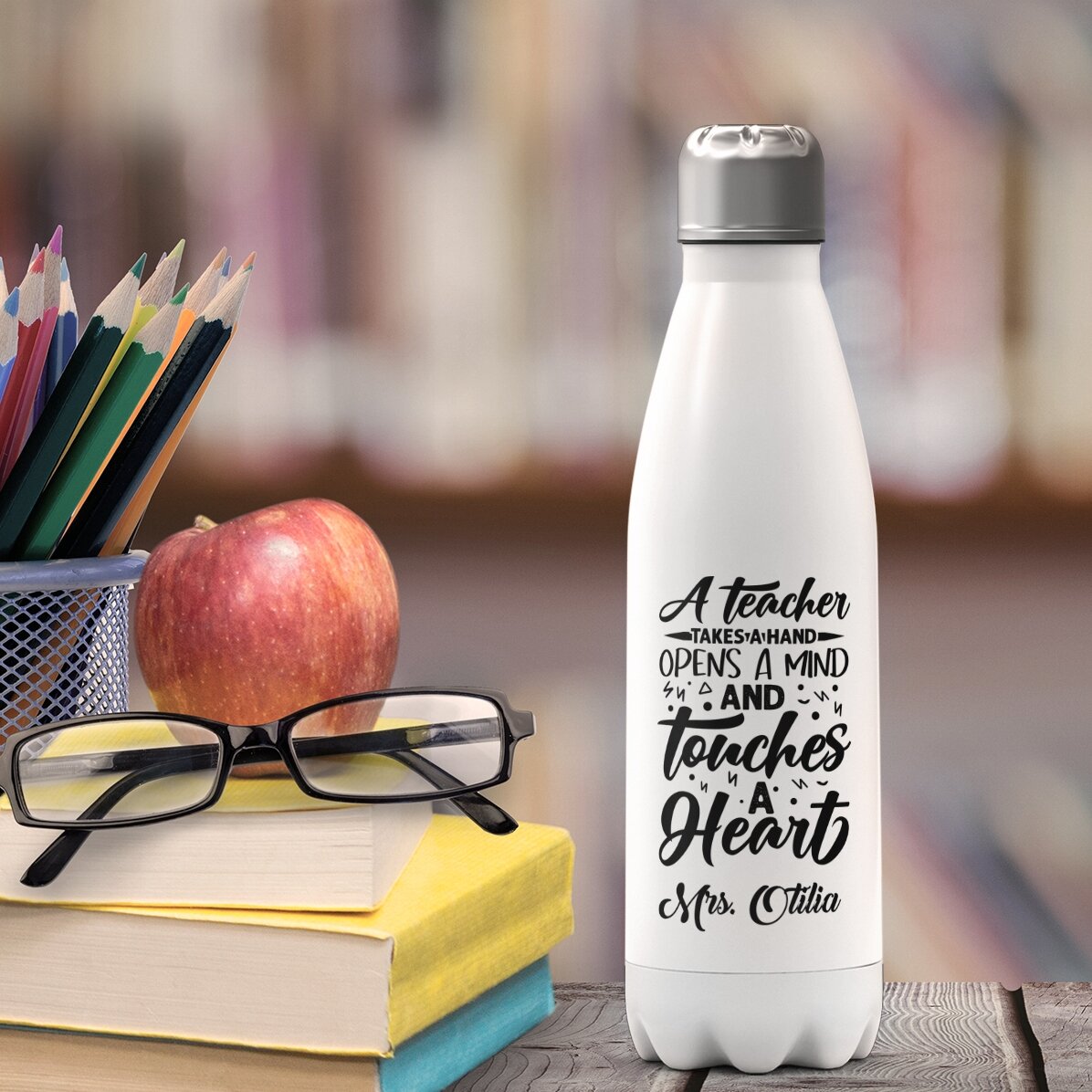 Termo con base blanca personalizado con el nombre para profesores - Touch a heart