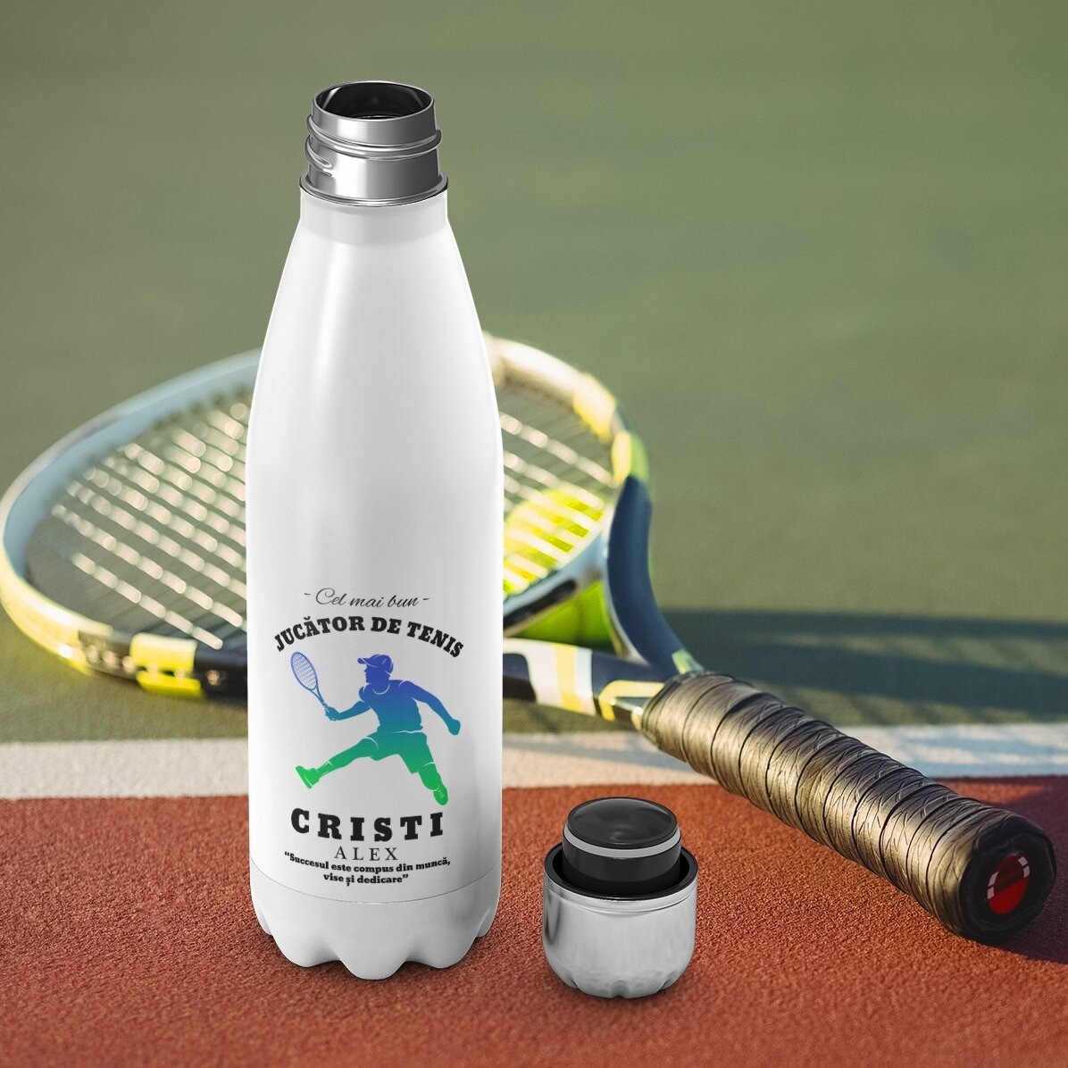 Thermos with white base personalised with name and text - Tennis player