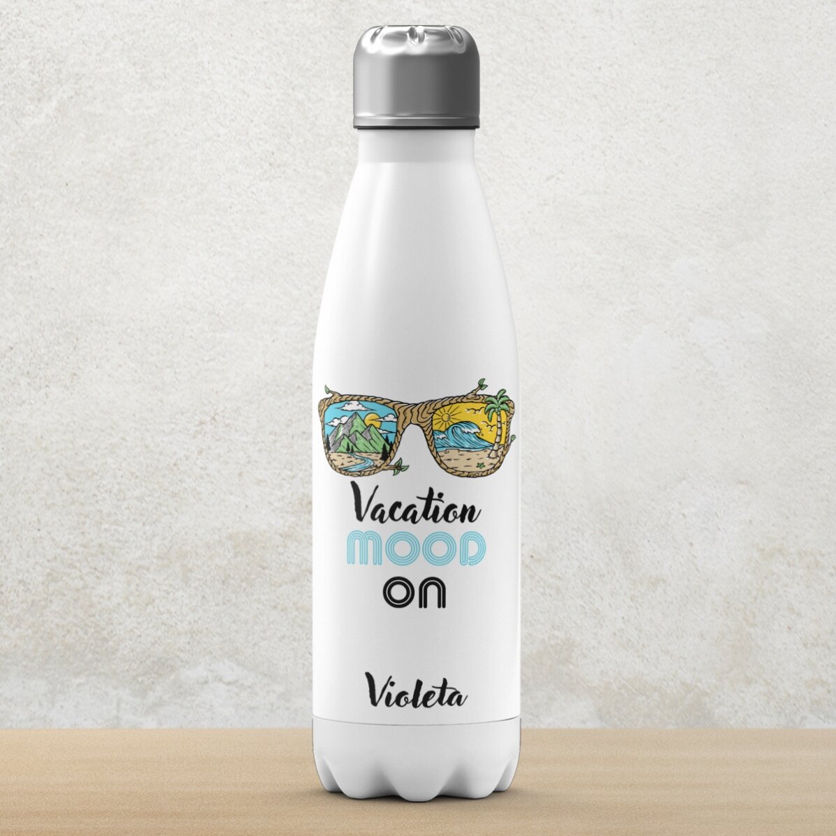 Termo con base blanca personalizado con nombre - Vacation mood ON