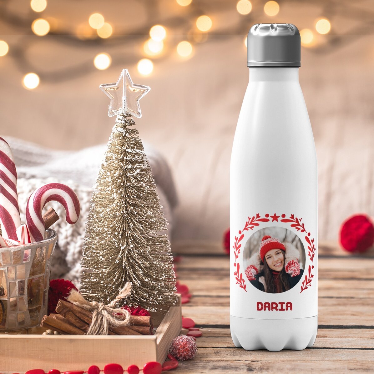 Termo con base blanca personalizado con foto y texto - modelo Navidad