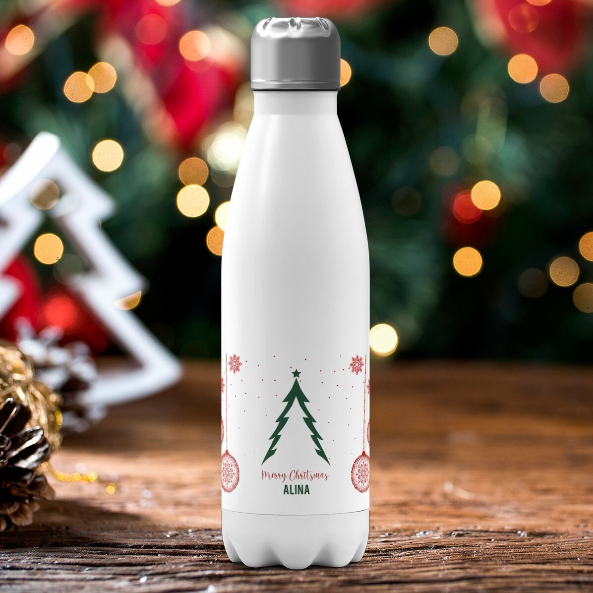 Termo con base blanca personalizado con texto: «Christmas tree»