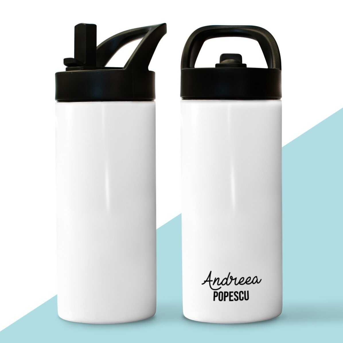 Término con asa y pajita personalizado con dos líneas de texto
