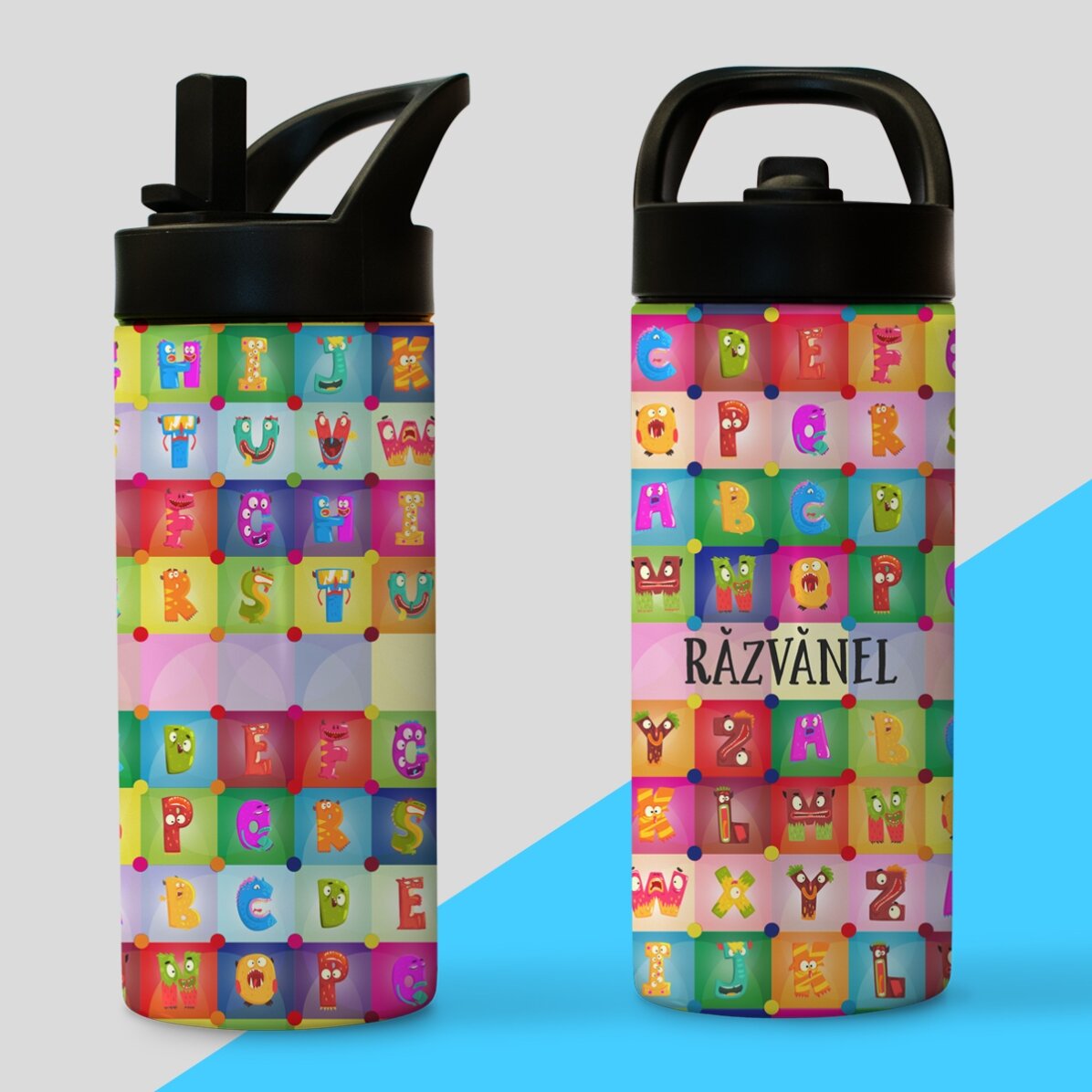 Término con asa y pajita personalizado con nombre - Alfabeto