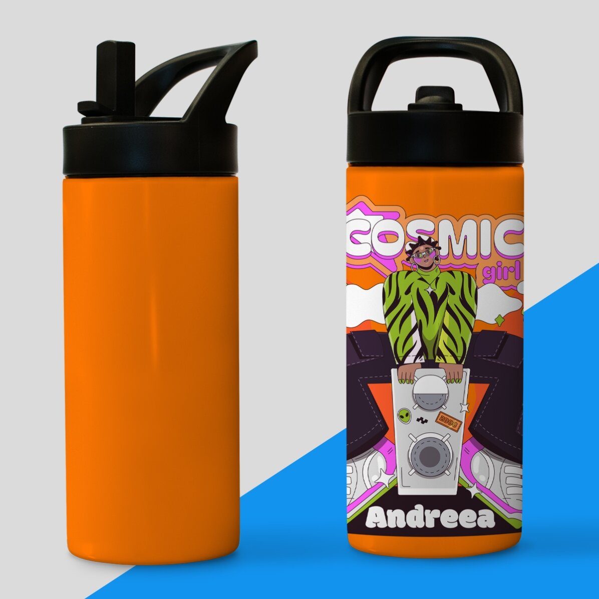 Término con asa y pajita personalizado con nombre - Cosmic Girl