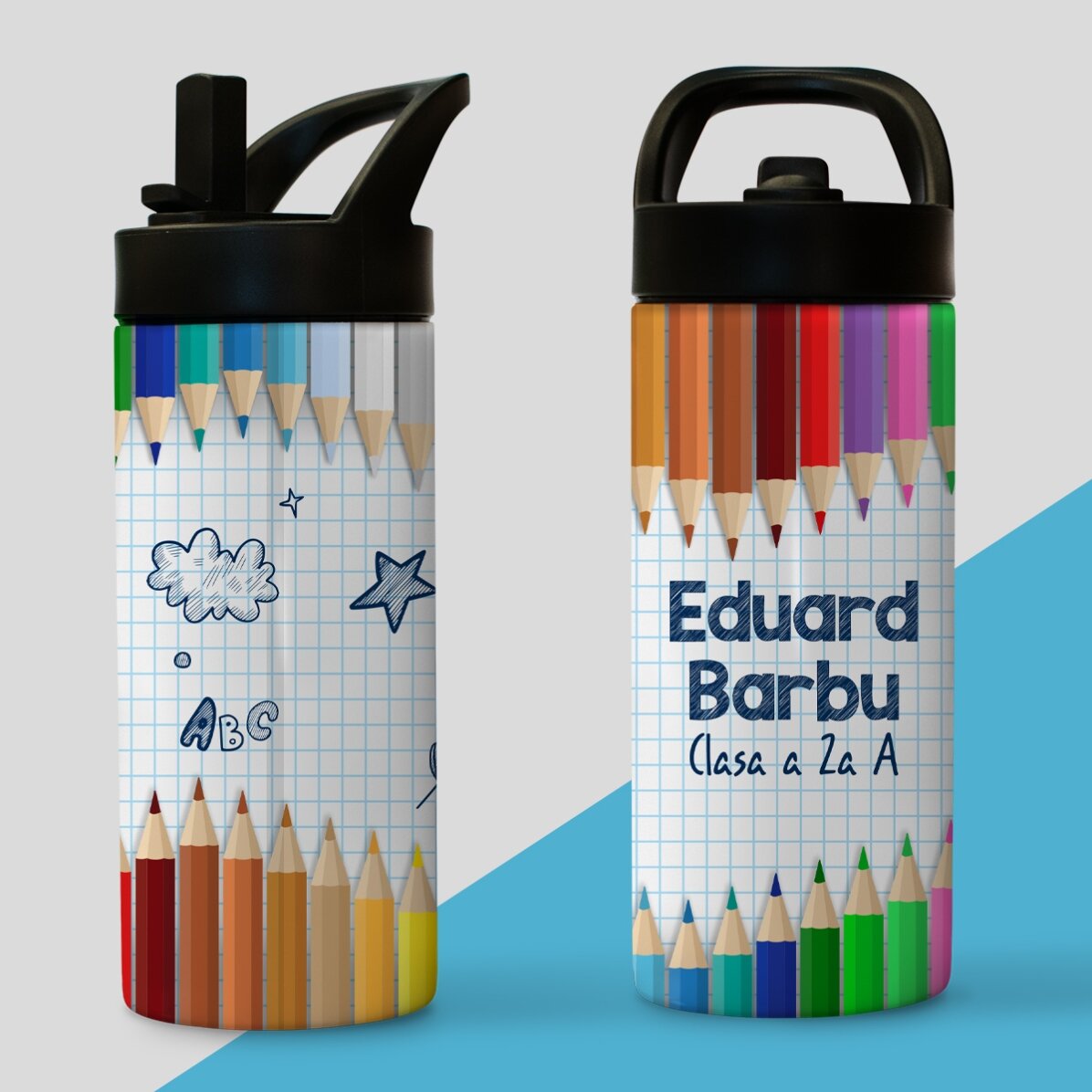Térmico con asa y pajita personalizado con nombre - Lápices de colores
