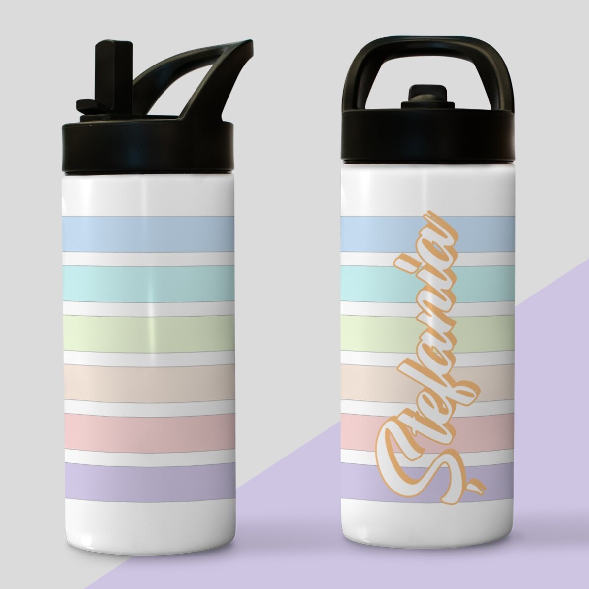 Término con asa y pajita personalizado con nombre - Rayas de colores