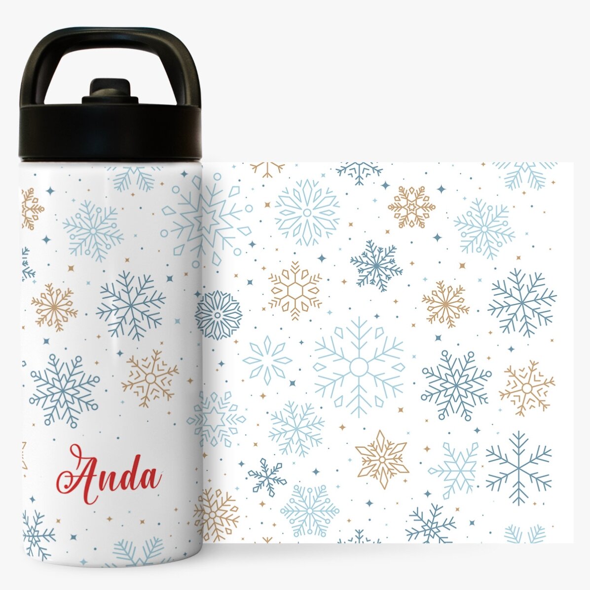 Término con asa y pajita personalizado con nombre - Copos de nieve