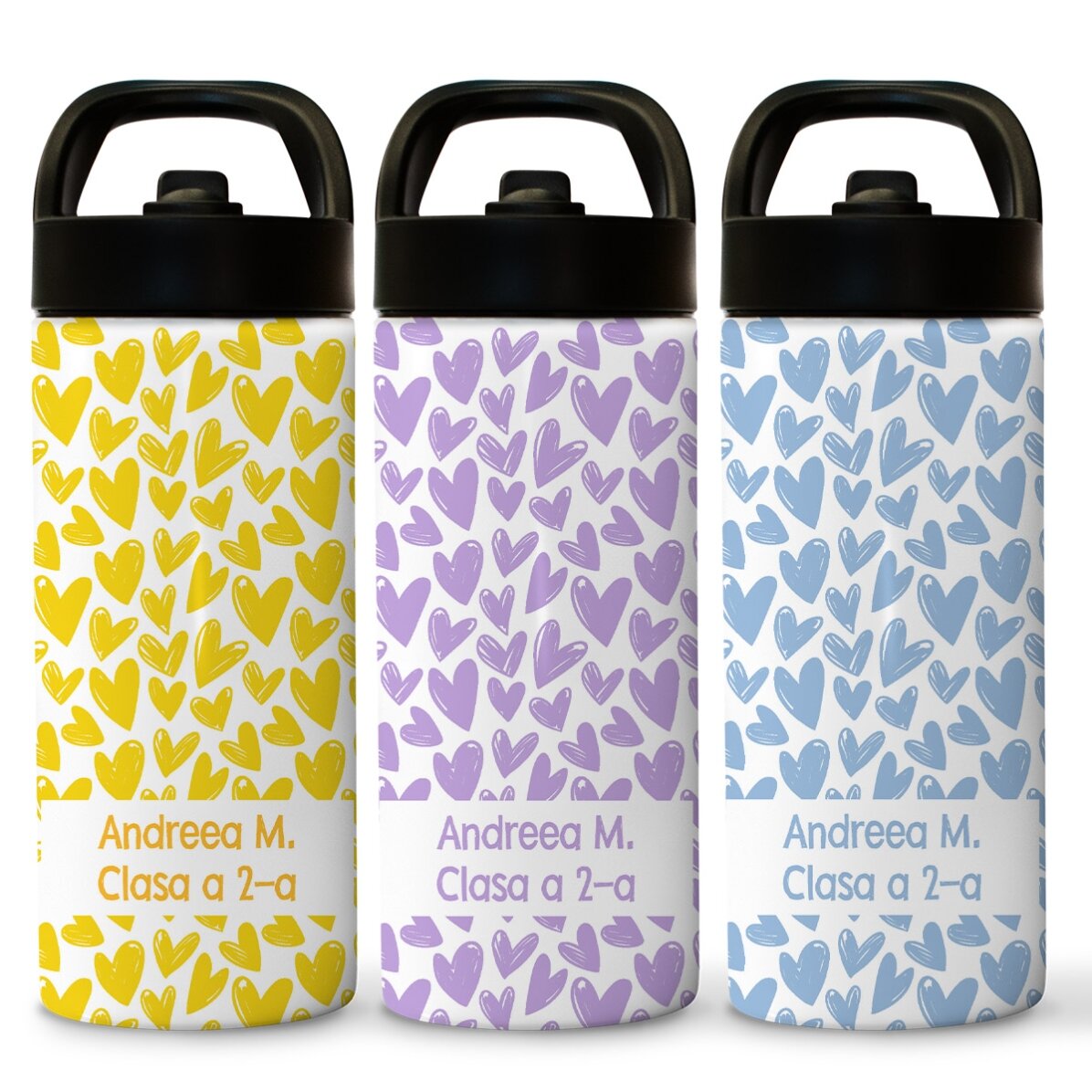 Término con asa y pajita personalizado con nombre - Corazoncitos