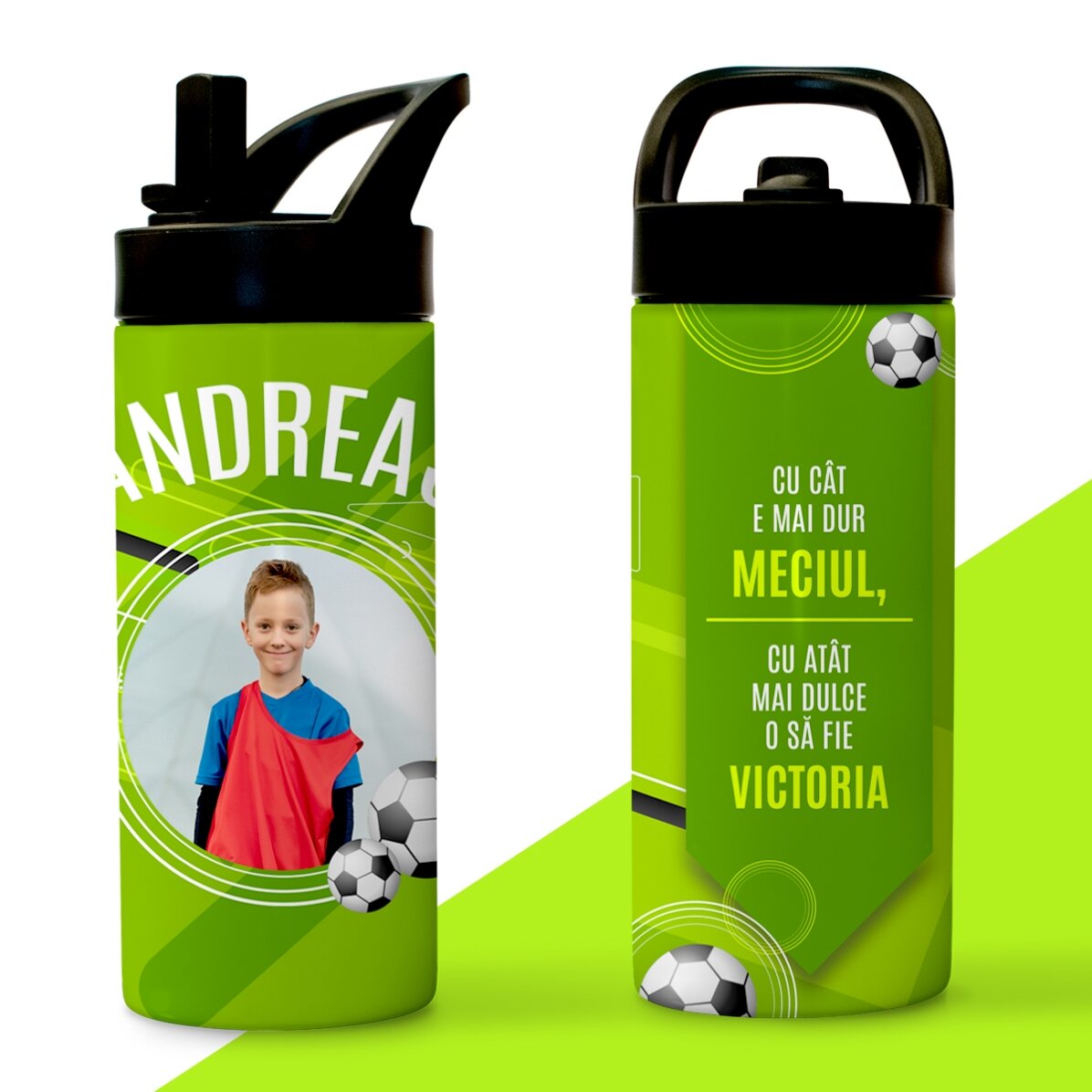Termo con asa y pajita personalizado con texto y foto - El pequeño futbolista