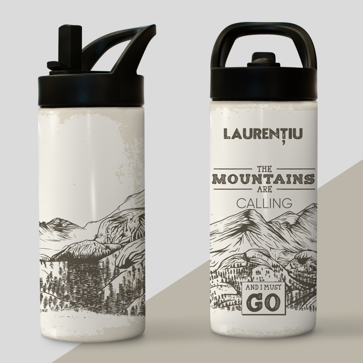 Término con asa y pajita personalizado con nombre - Mountains are calling