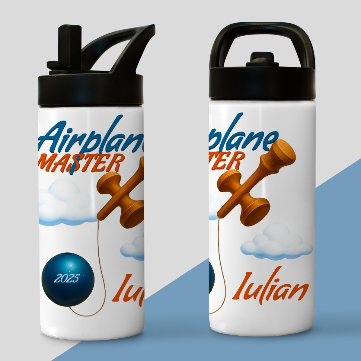 Término con asa y pajita personalizado con el nombre para niños - Airplane Master