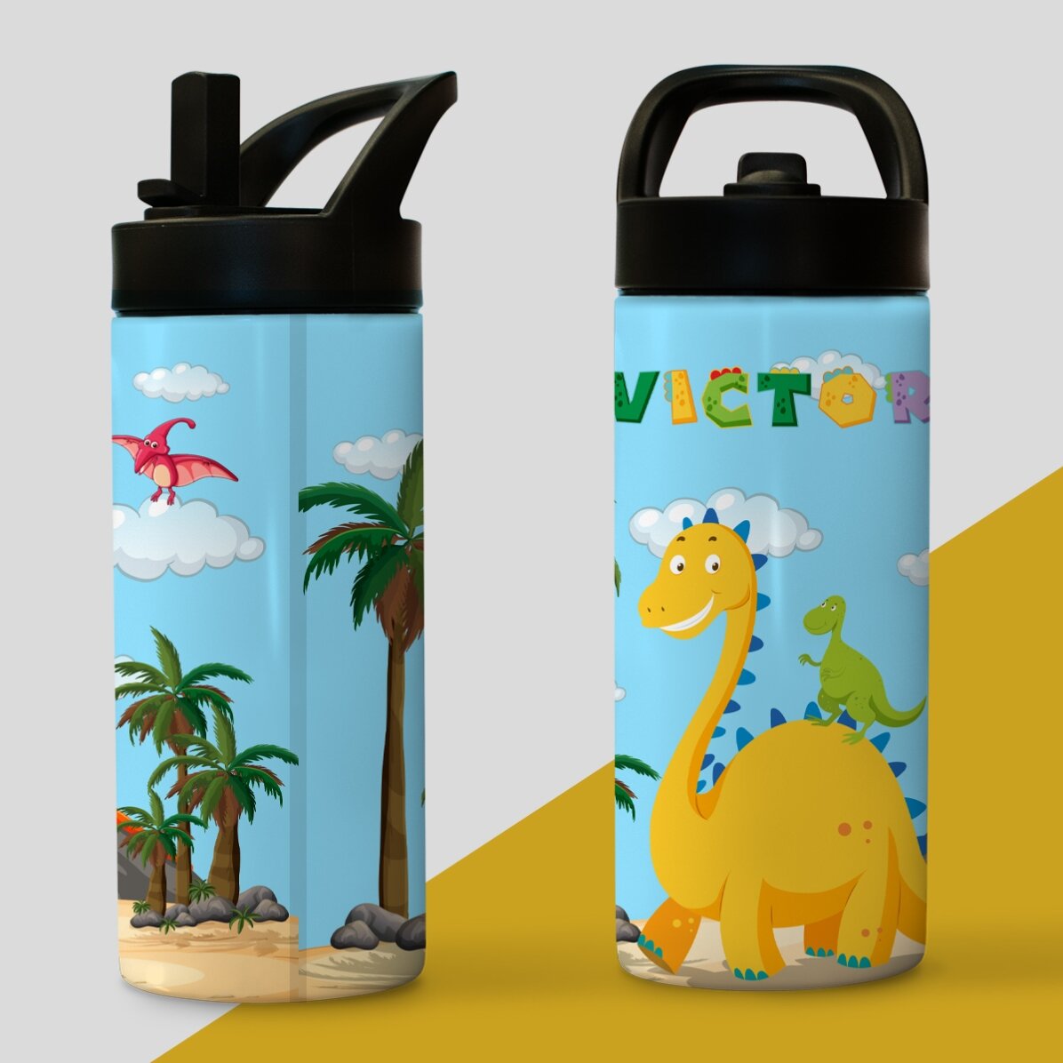 Término con asa y pajita personalizado con el nombre para niños - Dino