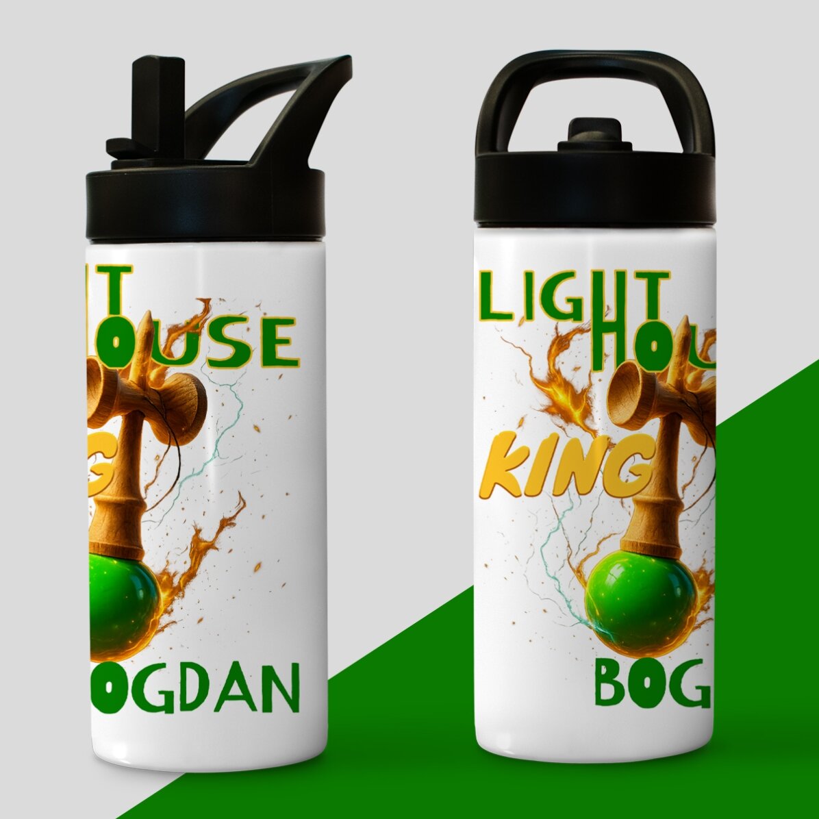 Término con asa y pajita personalizado con el nombre para niños - Lighthouse King