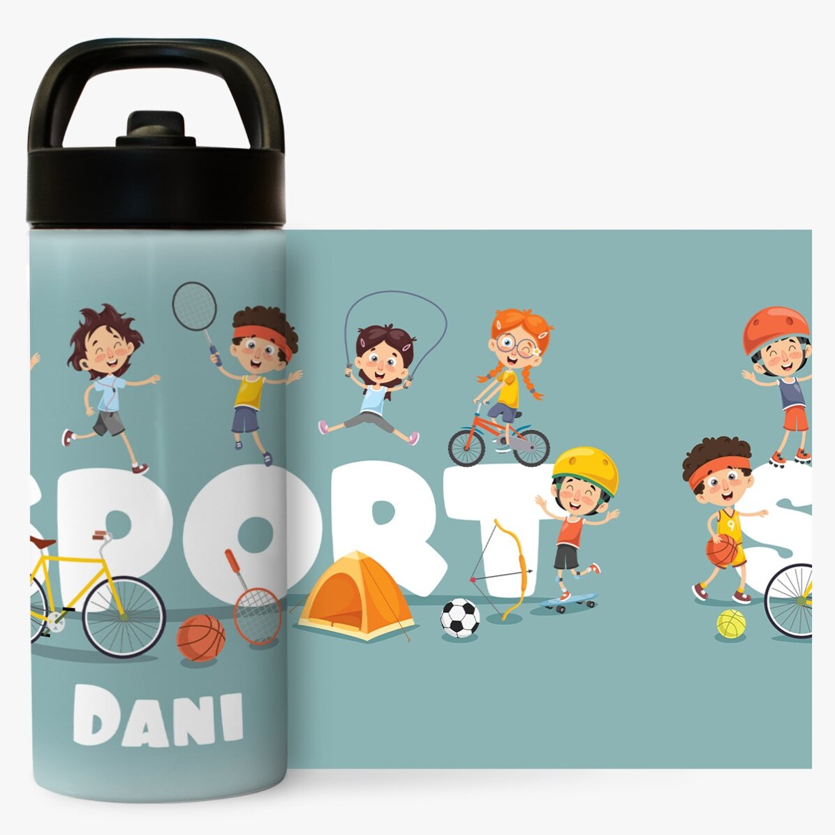 Término con asa y pajita personalizado con el nombre para niños - Deporte