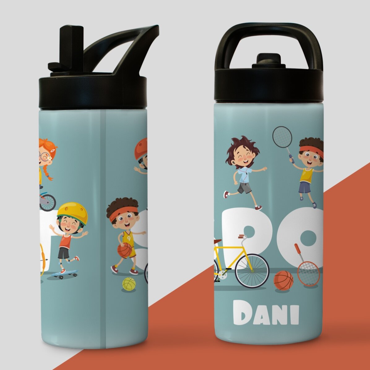Término con asa y pajita personalizado con el nombre para niños - Deporte
