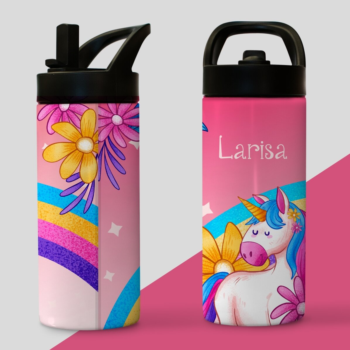 Término con asa y pajita personalizado con el nombre para niños - Unicornio