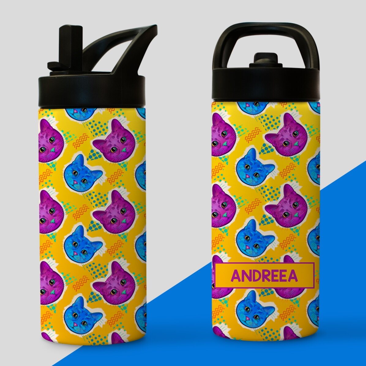 Término con asa y pajita personalizado con nombre - Gatitos de colores