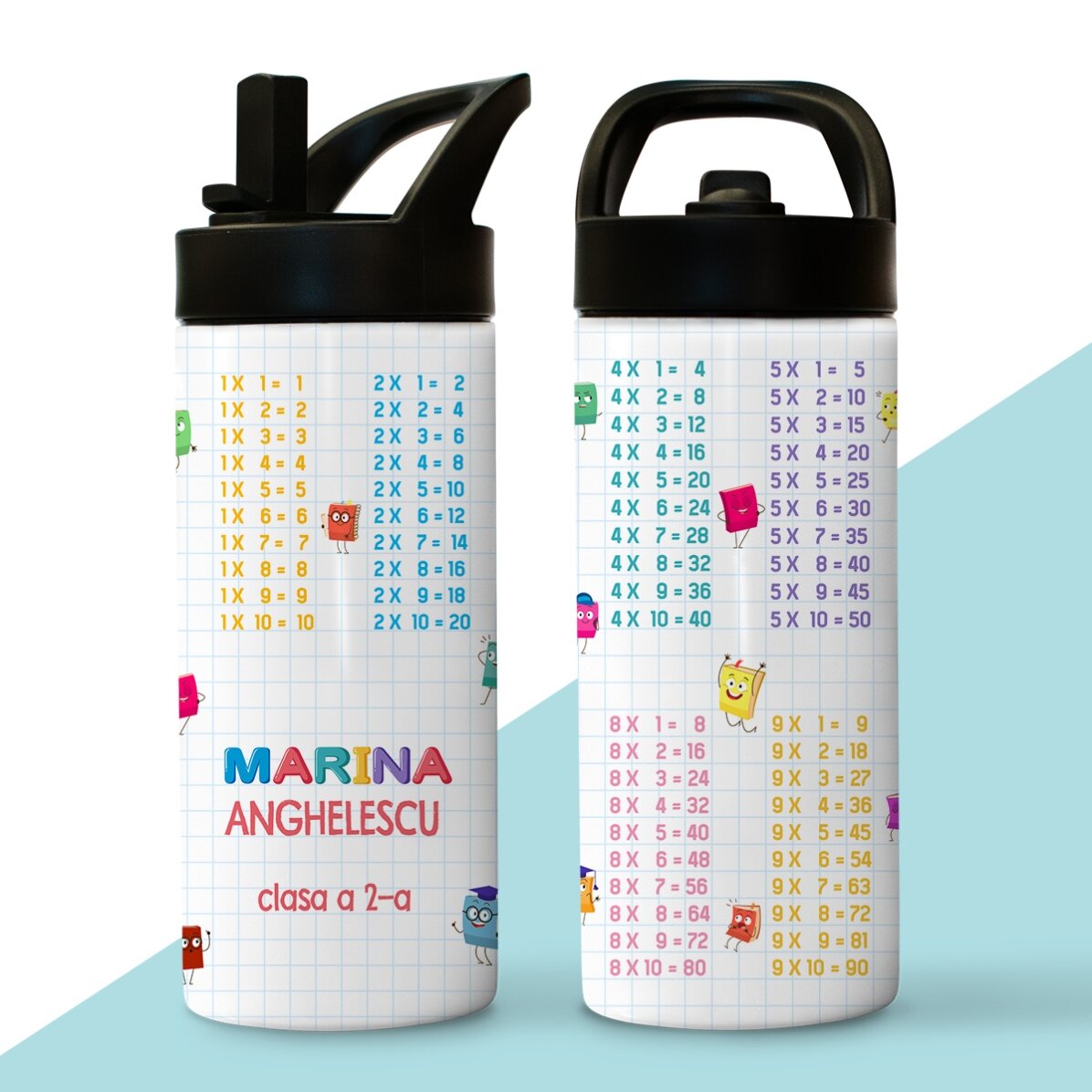 Término con asa y pajita personalizado con nombre - Tabla de multiplicar