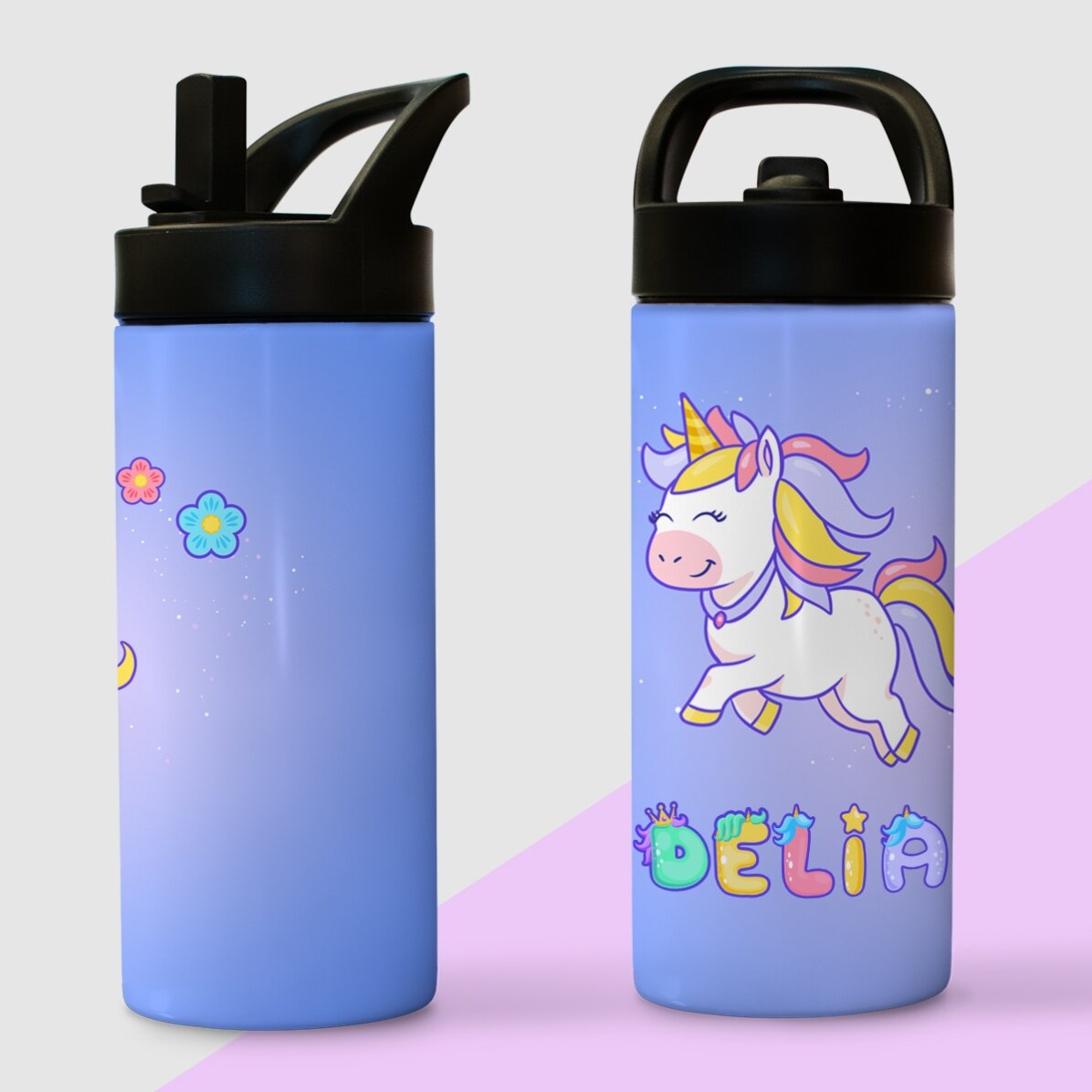 Término con asa y pajita personalizado con nombre - Unicornio