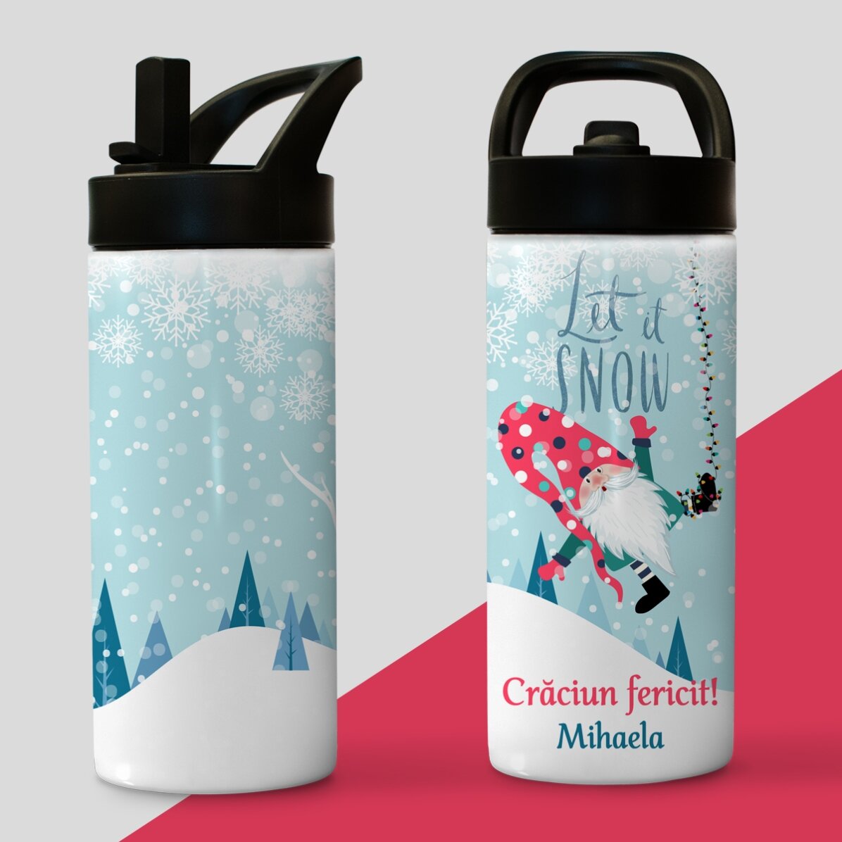 Thermos with handle and straw personalised with text - Let it snow