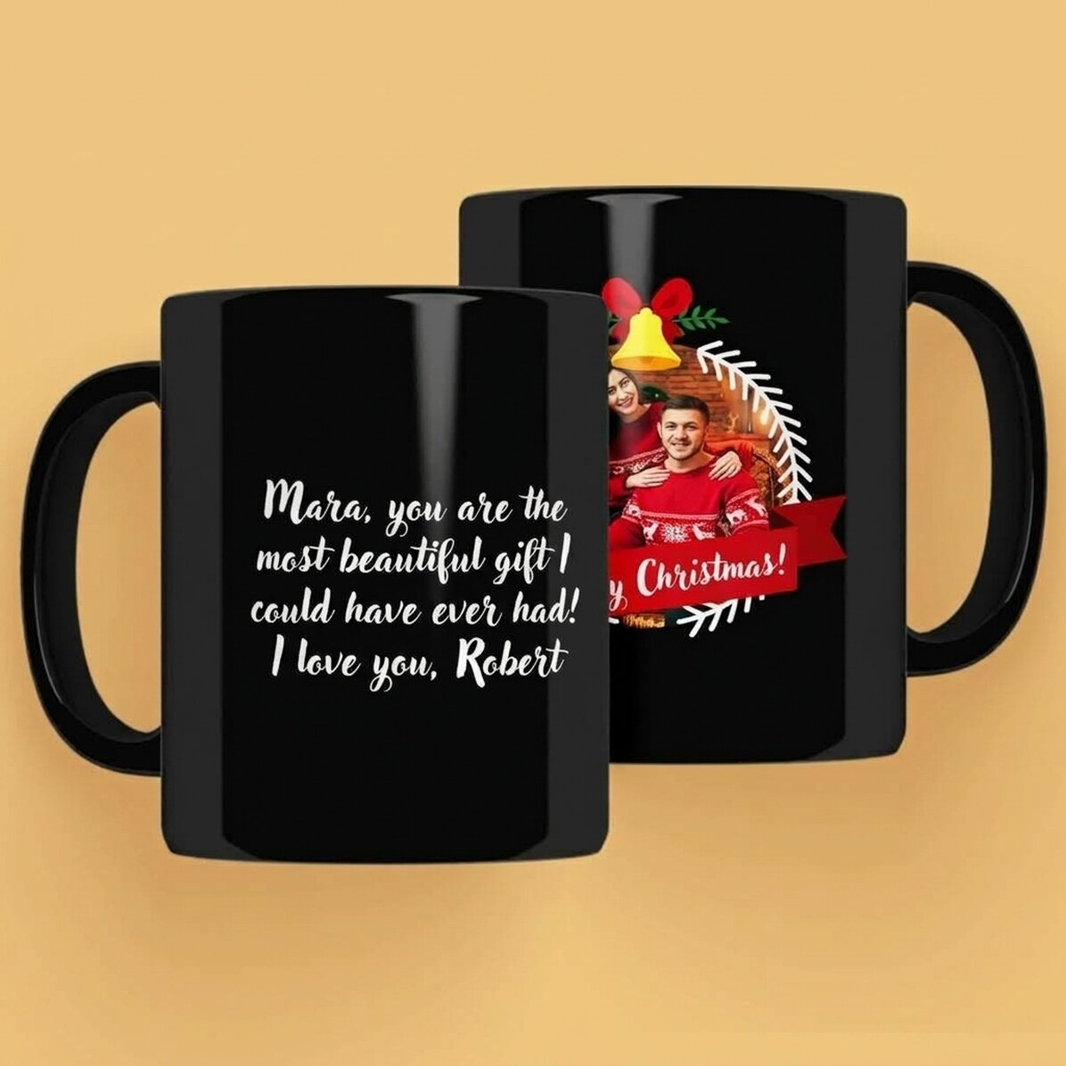 Taza negra personalizada con foto y texto - Merry Christmas
