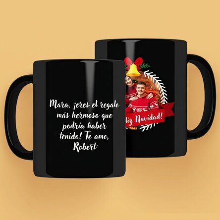 Taza negra personalizada con foto y texto - Merry Christmas