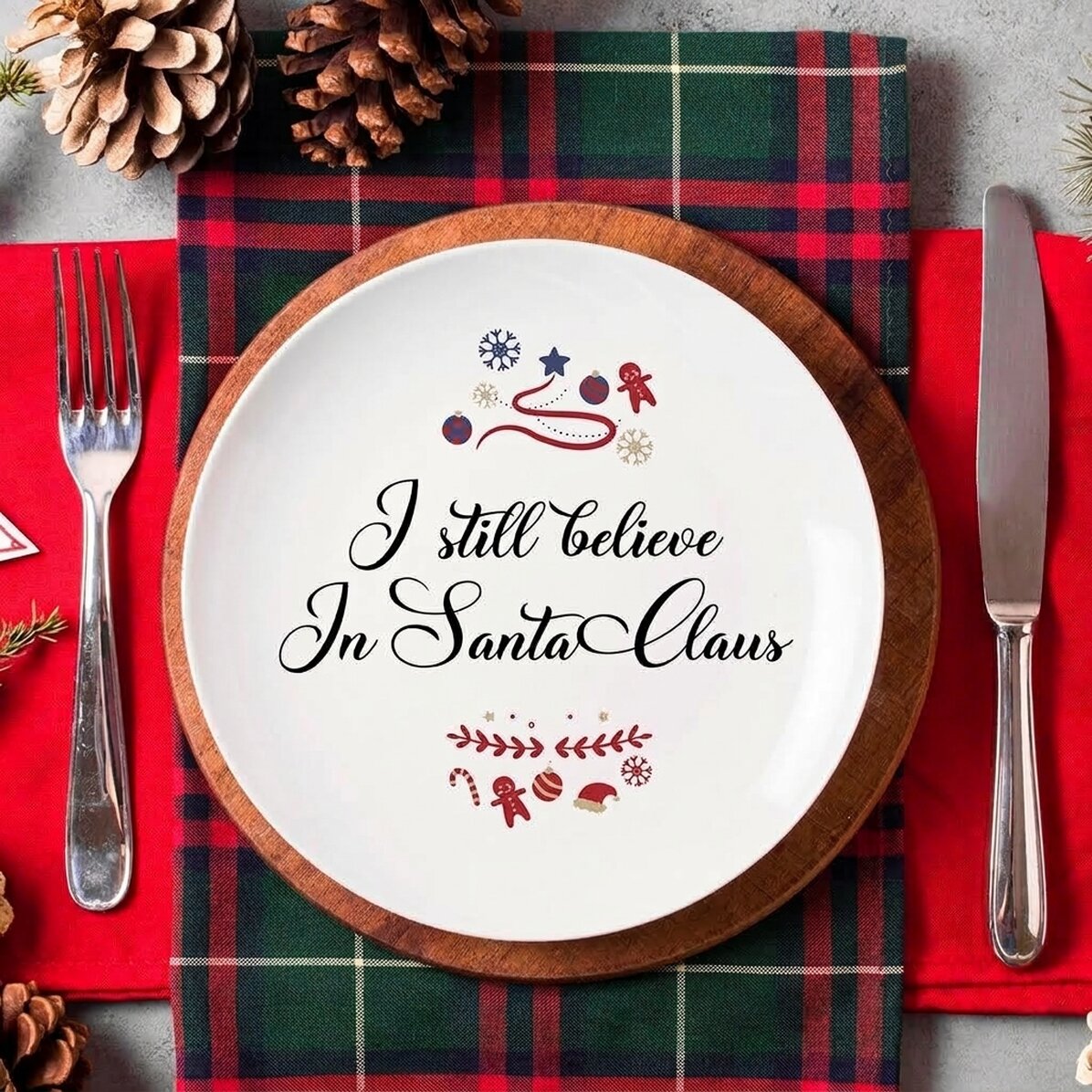Plato personalizado con el texto: «I still believe in Santa»