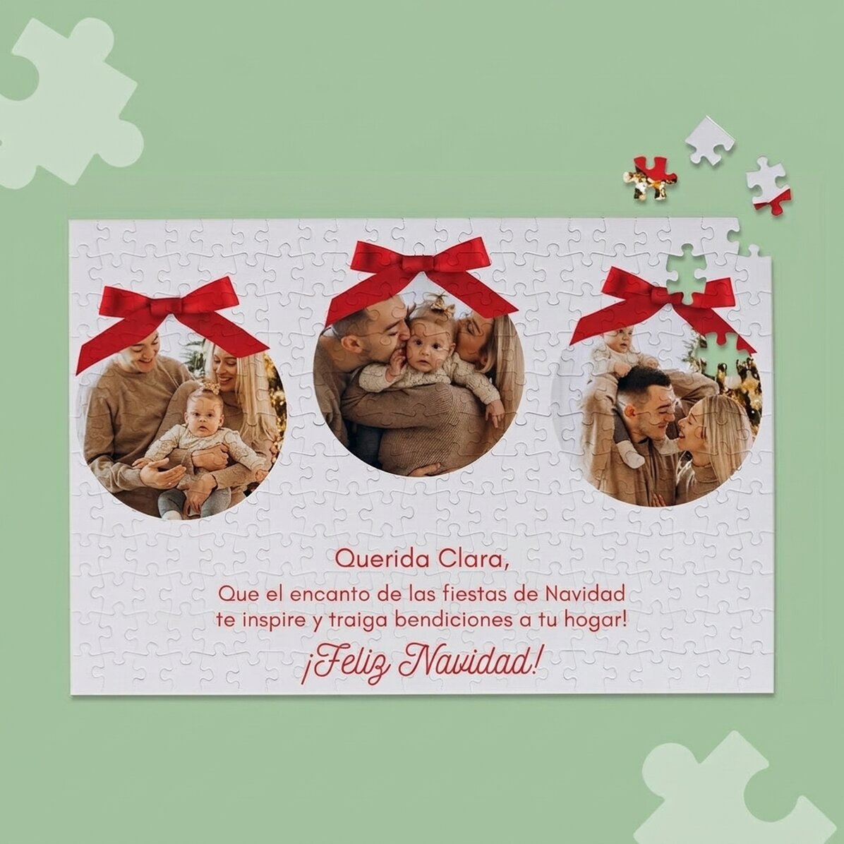 Rompecabezas personalizado con 3 fotos y texto, 36 x 24 cm - Felices fiestas