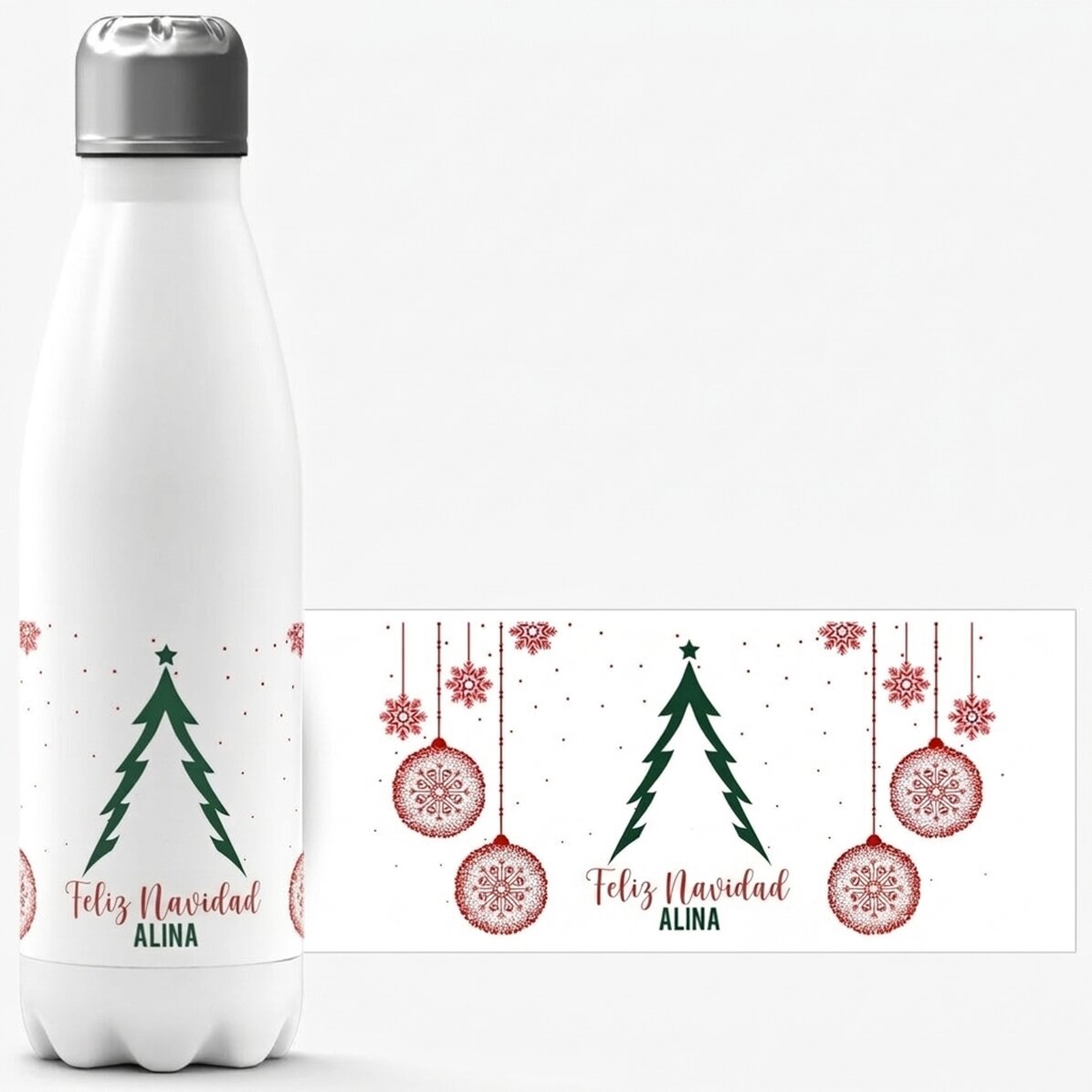 Termo con base blanca personalizado con texto: «Christmas tree»