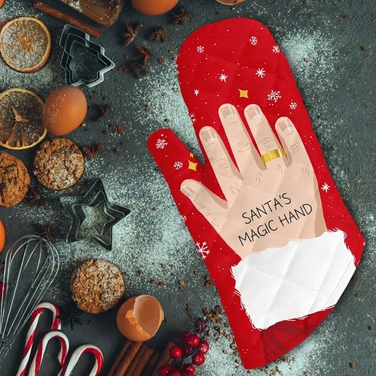 Manopla de cocina personalizada con texto: «La mano mágica de Papá Noel»