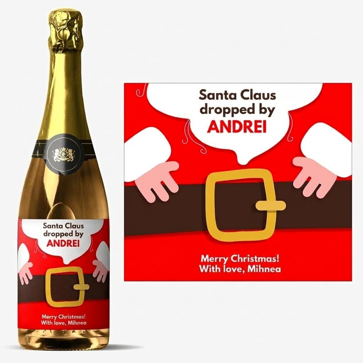 Vino espumoso personalizado con texto: «Ha llegado Papá Noel»
