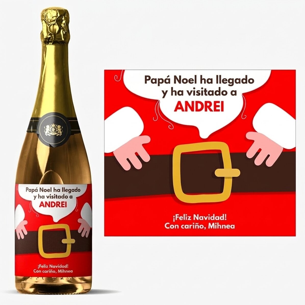 Vino espumoso personalizado con texto: «Ha llegado Papá Noel»