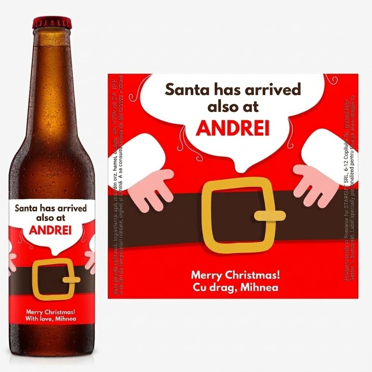 Cerveza personalizada con texto: «Ha llegado Papá Noel»