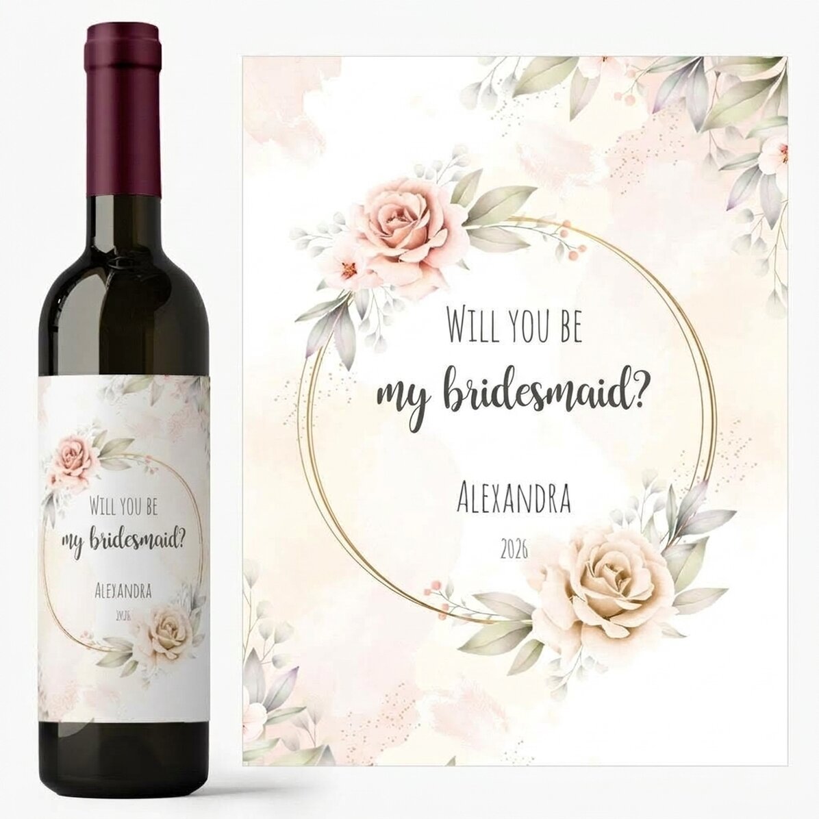 Vino personalizado con texto: «¿Quieres ser mi dama de honor?»