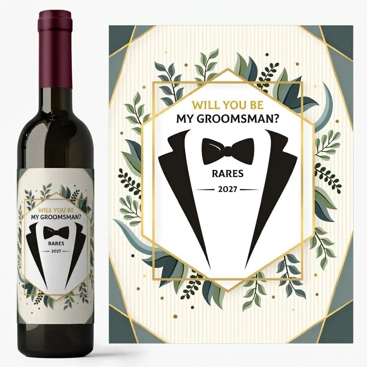 Vino personalizado con texto: «¿Quieres ser mi padrino de boda?»