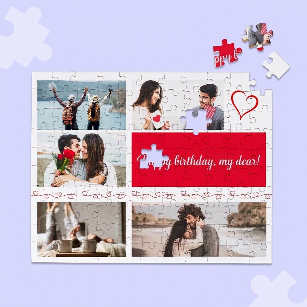 Rompecabezas personalizado con 5 fotos y texto, 24 x 19 cm - Hearts