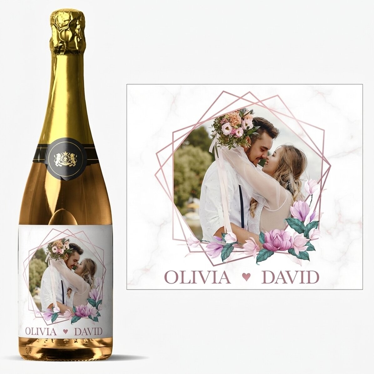 Vino espumoso personalizado con una foto y un texto: «Momentos en pareja»