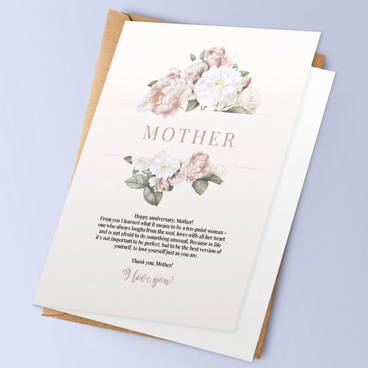 Tarjeta de felicitación personalizada con texto: «¡Gracias, mamá!»