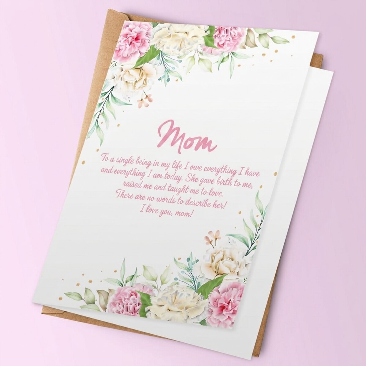 Tarjeta de felicitación personalizada con texto: «Te quiero, mamá»