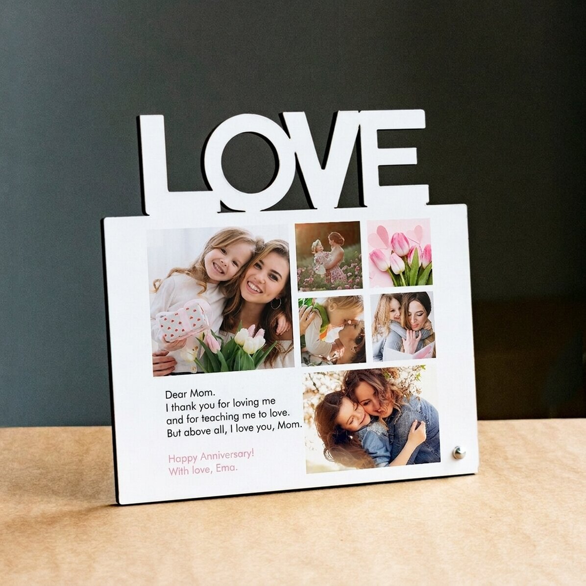 Marco de fotos de escritorio personalizado con 6 fotos y texto para mamá - modelo LOVE