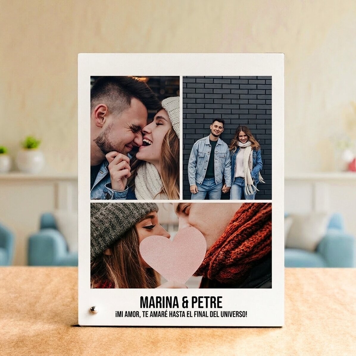 Marco de fotos de escritorio personalizado con 3 fotos y texto